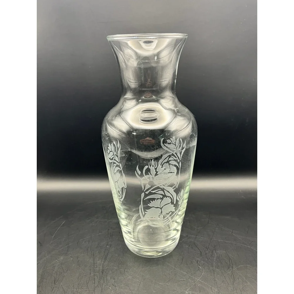 Clear Glass Flower Vase with Etched Floral Design Elegant Home Decor Vtg 9